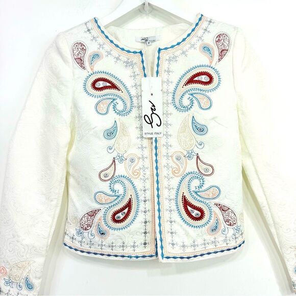 Style Italy White Brocade Colorful Metallic Embroidered Paisley Blazer - Picture 2 of 16
